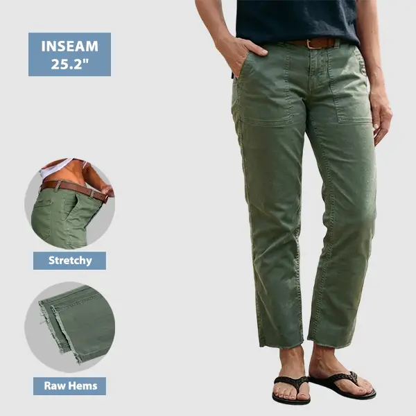 Flamingals Raw Hem Patched Pocket Mid Waist Straight Leg Crop Pants Without Belt Stretchy 25.2'' Inseam