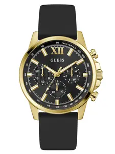 GUESS Male Gold-Tone and Black Silicone Multifunction Watch