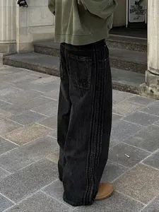 Men's Vintage Aesthetic Loose Fit Wide Leg Jeans, Sporty Street Style Denim Jeans, Mid-Waist Decorative Side Stripes, Casual Hip Hop Fashion Streetwear
