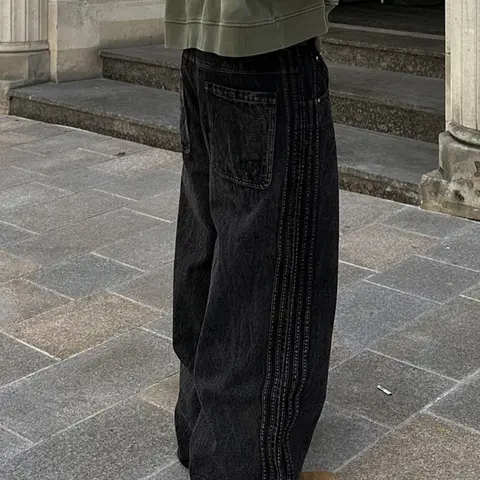 Men's Vintage Striped Wide Leg Jeans, Loose Fit Oversize Baggy Casual Pants, Mid-Waist Streetwear, High Street Loose, Floor-Length, All-Seasons, Zipper Fly