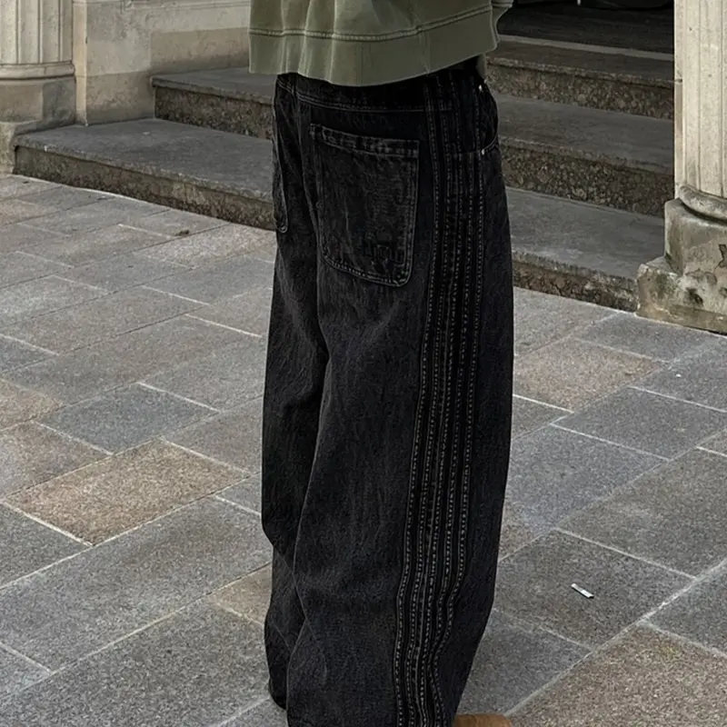 Men's Vintage Striped Wide Leg Jeans, Loose Fit Oversize Baggy Casual Pants, Mid-Waist Streetwear, High Street Loose, Floor-Length, All-Seasons, Zipper Fly