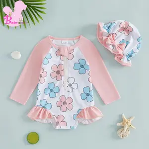 Toddler Baby Girl Swimsuit Set Flower Half Zip-up Long Sleeve Rash Guard Bathing Suit and Sun Cap Adorable Swimwears
