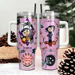 Purple Version 15th anniversary C0raline Cartoon tumbler 40 oz Tumbler With Handle, Vintage Tumbler 40oz, Gift for him, her