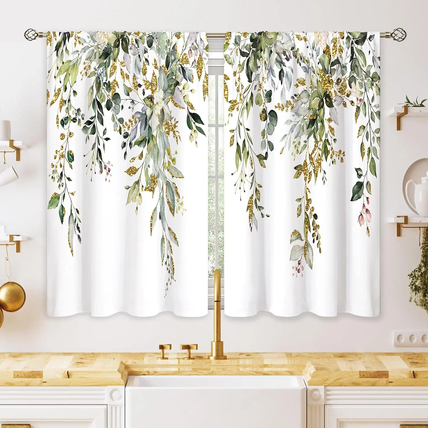 Vintage Rustic Eucalyptus Botanical Leaves Green Gold Floral Accent Curtains - 2 Panels, 27.5x39in Navy Blue High-GSM Durable Dustproof Poly Wrinkle-Resistant Room-Darkening Drapes for Farmhouse Kitchen Sink, Small Windows