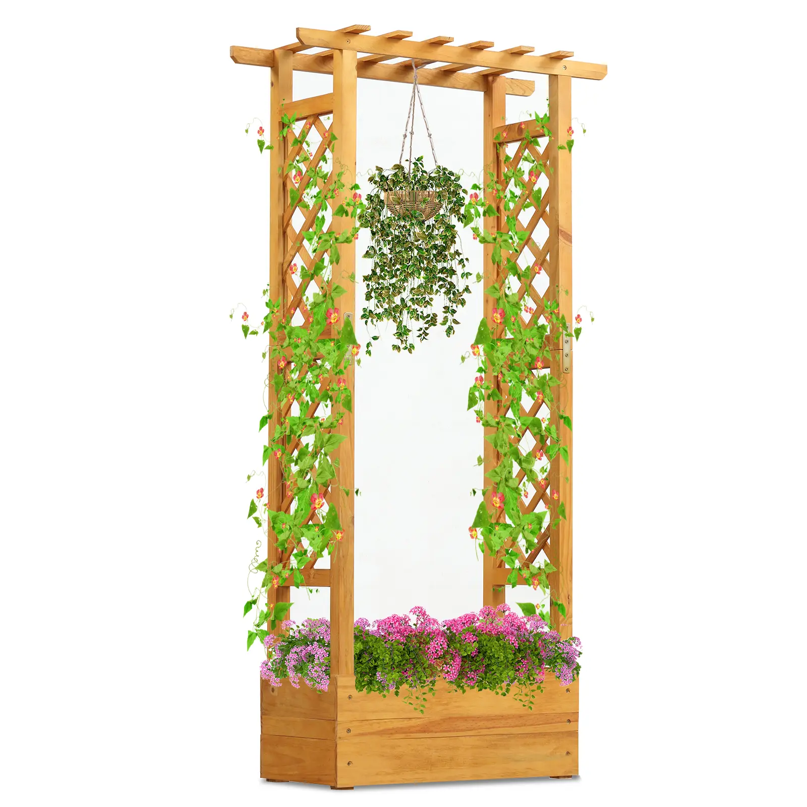 COSTWAY - Wooden Raised Garden Bed with Lattice Trellis and Hanging Roof-Orange