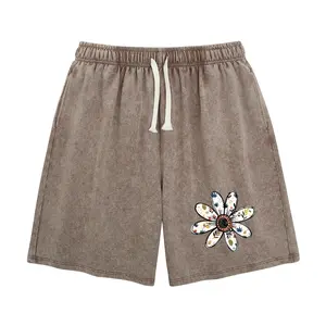 Holafish Summer Vintage Printed Acid Wash Sweat Shorts White Flower Unisex Casual Streetwear Bottoms with Drawstring and Convenient Pockets baggy comfy