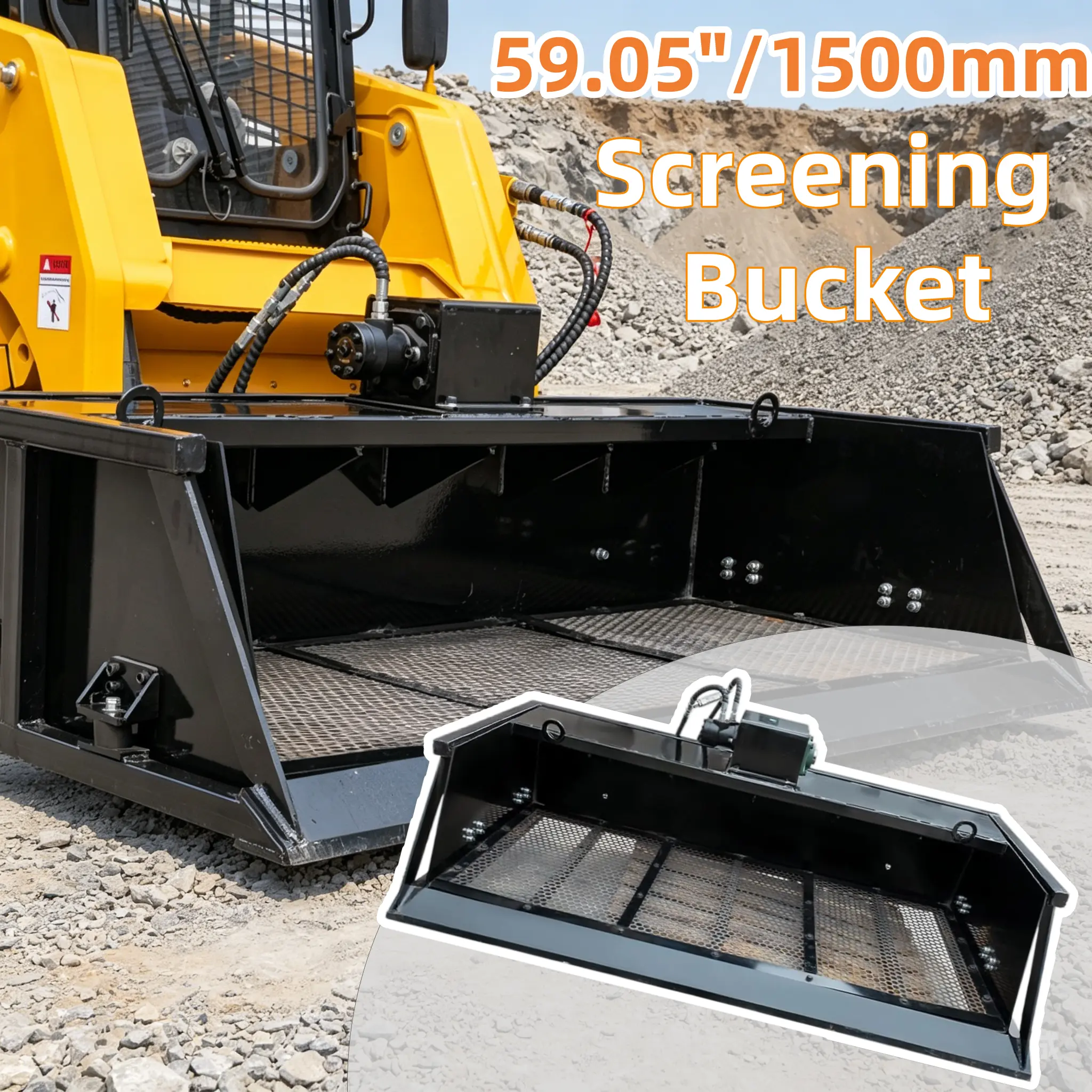 Heavy-Duty Construction High-Strength Steel Skid Steer Loader Topsoil Screening Bucket Attachment, 59.05-in/1500 Mm, Heat-Treated, Hydraulic Power (10-22 mpa Pressure), Easy Installation, Applicability, High-Speed Screening Efficiency, U.S.-In Stock, Dura