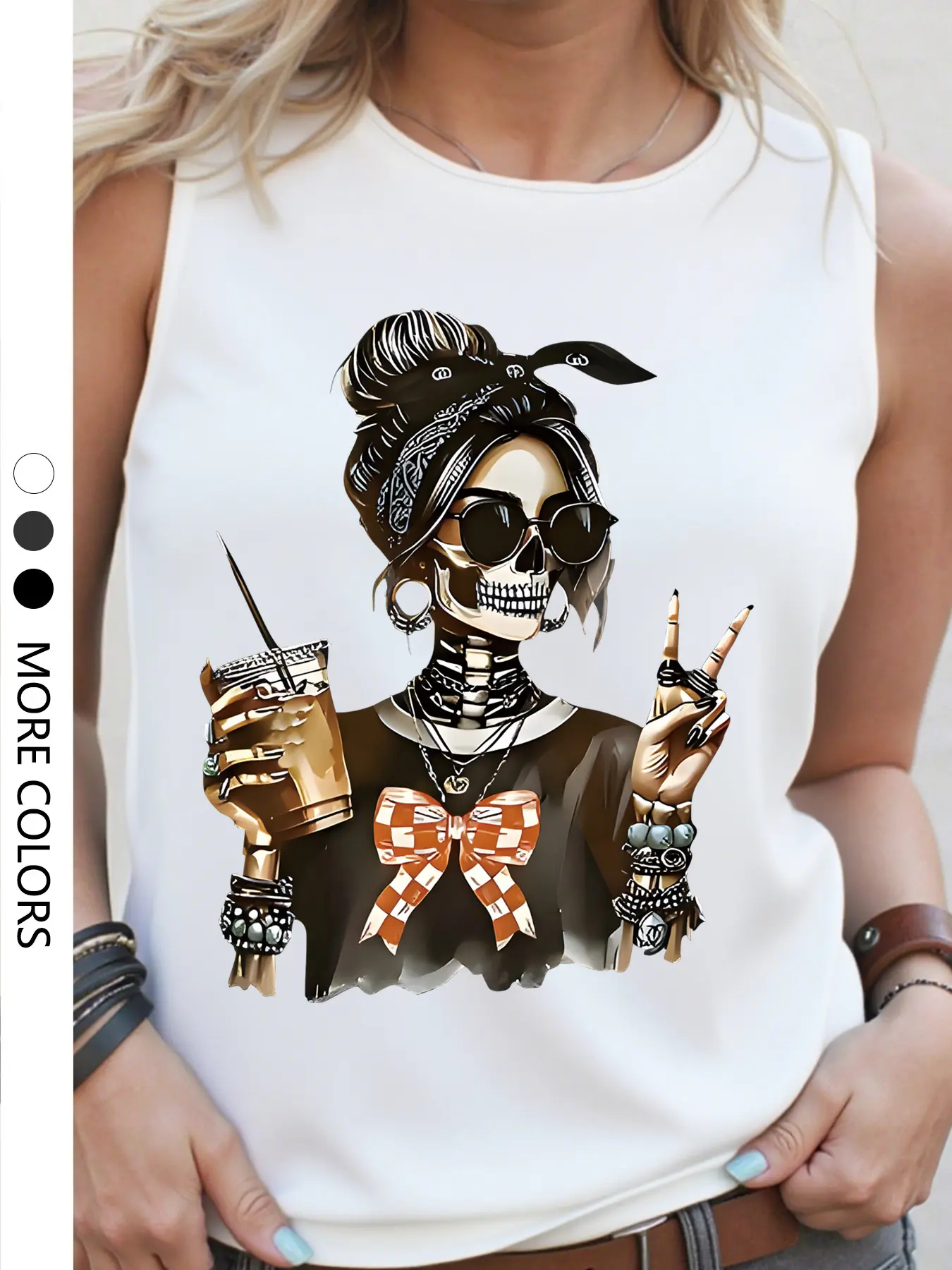 Women's Summer Casual Loose Vest Tank Top, Funny Skull Print, Soft Comfortable Home Essential Top, Ladies' Relaxed Fit Backless Shirt