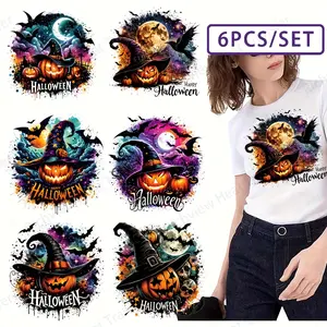 Halloween Iron-On Patches Set, 6pcs Washable Vinyl Stickers with Pumpkins, Witches' Hats, Bats & Moons, Perfect for DIY Crafts & Gifts