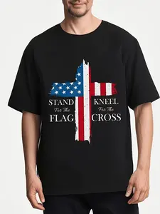 American Flag Cross 'Stand for The Flag' 'Kneel for The Cross' Print Men's TShirt Casual Daily Wear Perfect for Outdoor Gathering Party Loose Fit Crew Neck AllSeason Heat Transfer Pr, PLUS SIZE