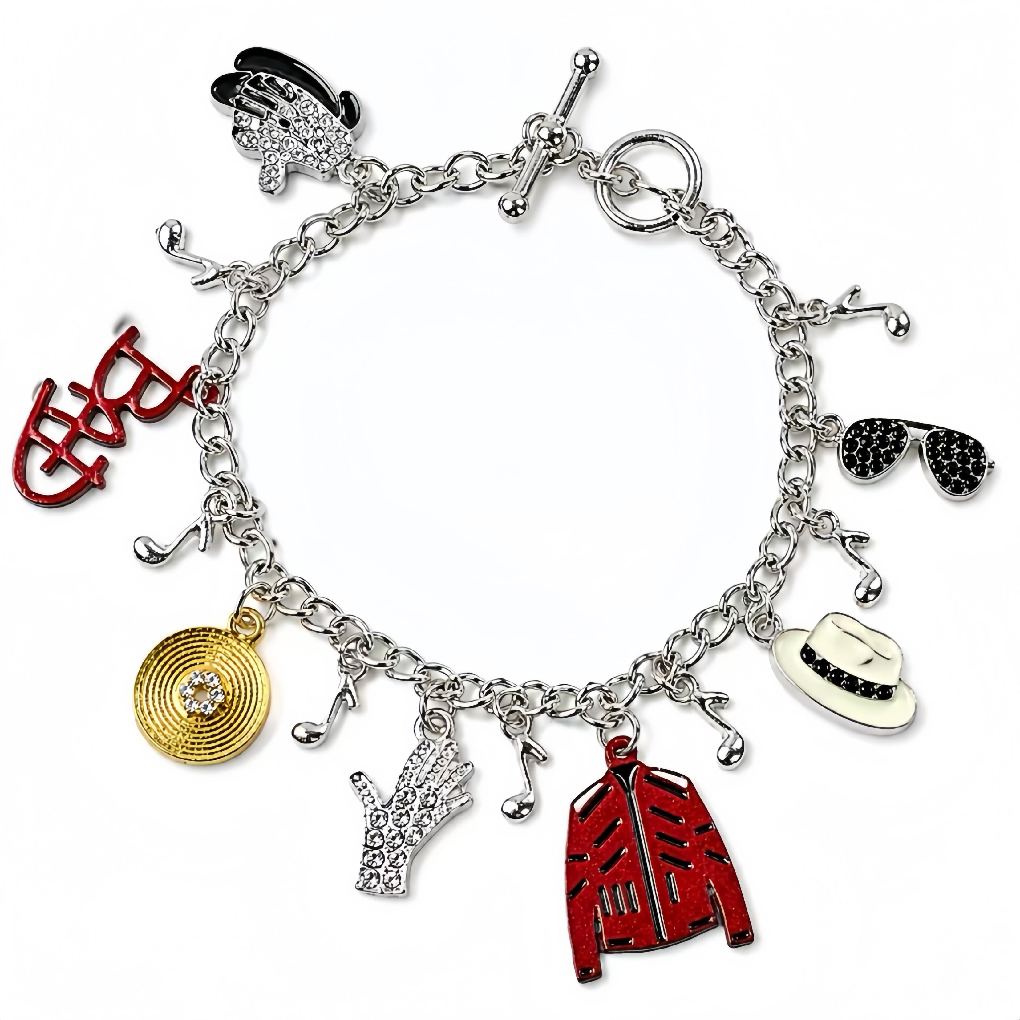 Michael Jackson Charm Bracelet - Red Jacket, "BAD" Logo & Assorted Charms for Fans, Jewelry-Making Accessory, Gift for MJ Enthusiasts