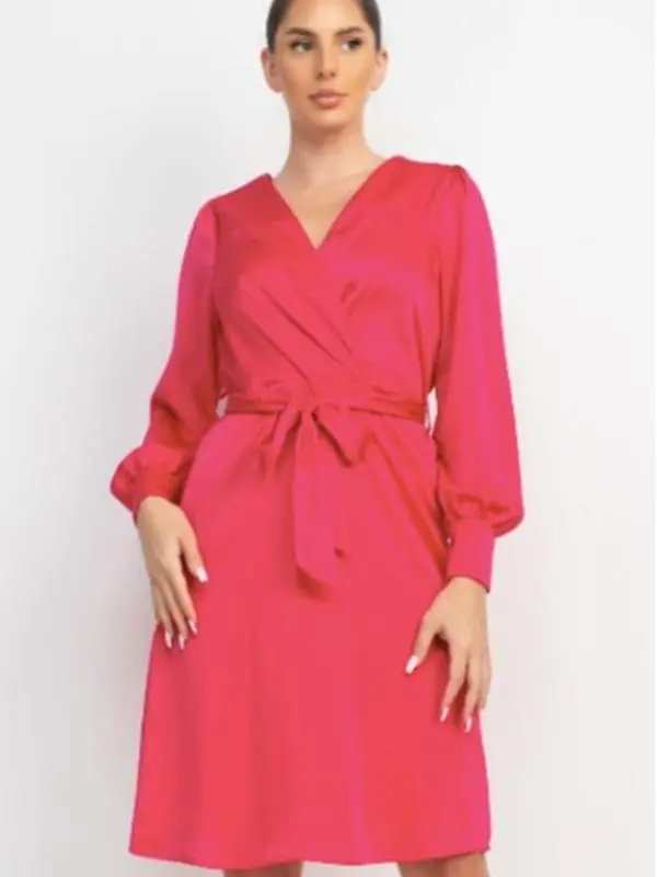 Marbel Satin V-Neck Wrap Belted Dress