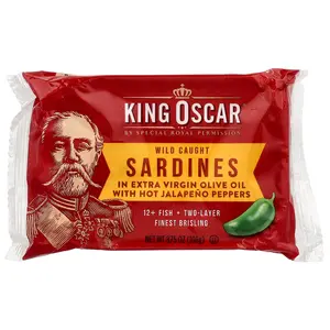 King Oscar Wild Caught Sardines In Extra Virgin Olive Oil With Hot Jalapeno Peppers, Two Layer, 3.75 oz (106 g)