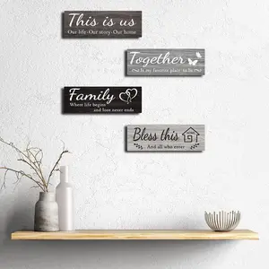 4 PCS Home Wall Decor Signs, Rustic Wooden Living Room Hanging Decorations with Quotes THIS IS US/TOGETHER/BLESS THIS/FAMILY, Housewarming Gifts for Wedding Kitchen