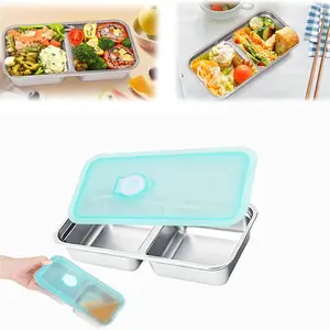 Stainless steel double-compartment snack and condiment container with locking lid - reusable rectangular food storage container for travel, camping, office, and student lunches - spill-proof design, durable and portable kitchen food container.