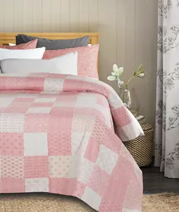 Handmade Patchwork Cotton Coverlet – 100% Cotton Quilt, Full/Queen/King (Pink, Beige)