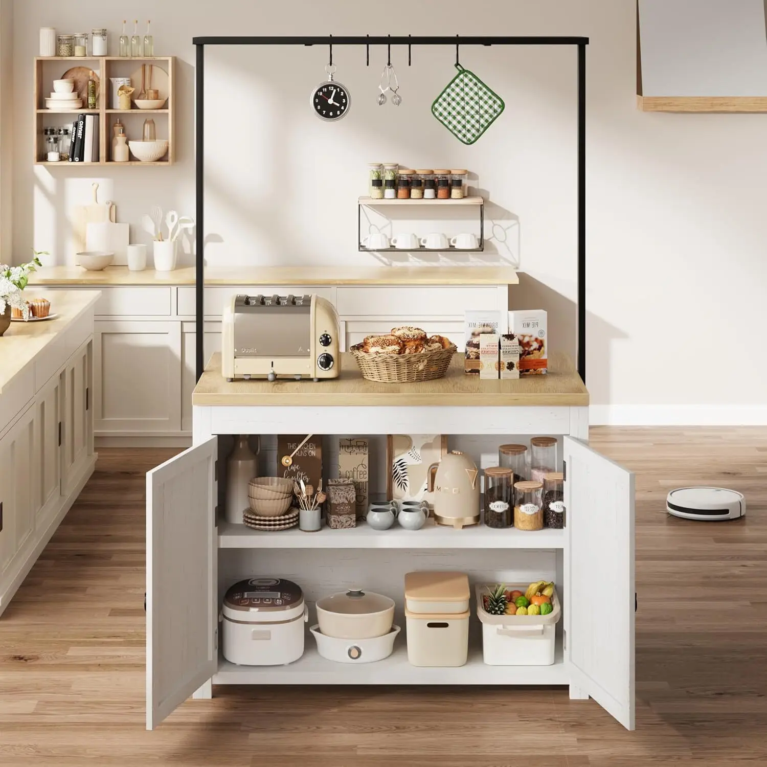 42-In Sturdy Heavy-Duty Mobile Kitchen Island Cart with Solid Wood Countertop, 2-Tier Shelves, 5 Hooks, 400lb Capacity, Removable Top Metal Shelf, Microwaves Compatible, Natural & White Finish, Smart Storage for Small Spaces