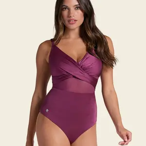 Leonisa GlowForm Swimsuit One Piece Swimwear with Criss Cross Neckline and Tulle - Slimming Shapewear Tummy Control Bathing Suit