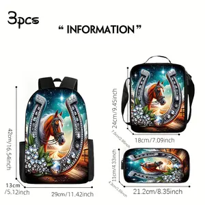 1/ 3pcs Horse Theme Large Capacity Oxford Cloth Travel Bag with Laptop Compartment, Unisex School Backpack with Pencil Case And Lunch Box, Hand Wash - Everyday Commuter Bag for Men And Women