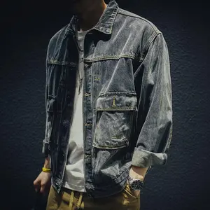 Spring Autumn Single Breasted Cotton Loose Jacket for Men Big Size Black Denim Jacket Fashion Workwear Streetwear Vintage Jacket