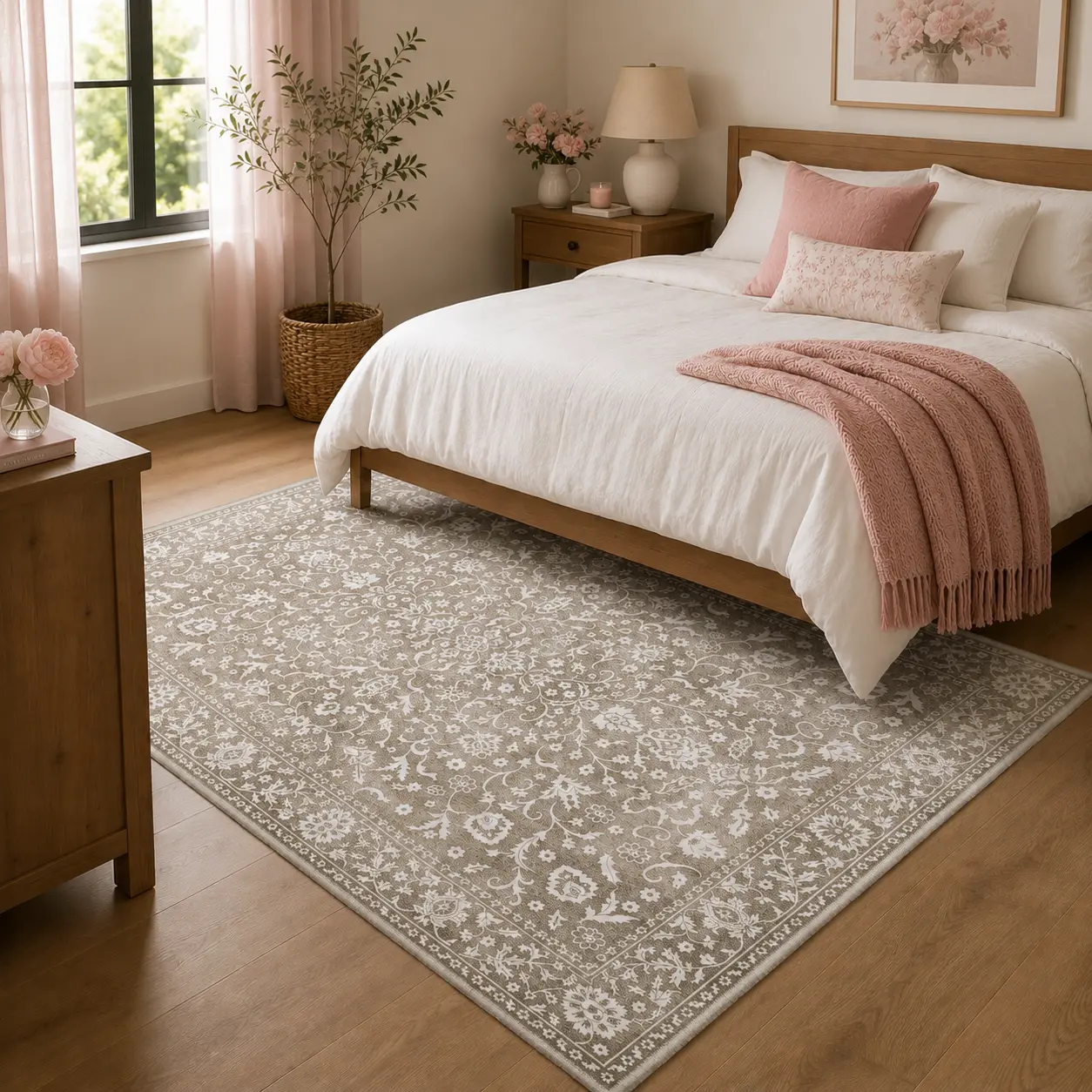 【Deals For You Days】GENIMO Area Rugs for Bedroom Machine Washable Non Slip Low Pile Vintage Floral Print Rugs, Lightweight Throw Rug for Living room Dining Room Home Office, Full Coverage Persian Style Dusty Taupe