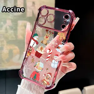 Protective Four Corners Plated Clear Phone case for iPhone 17 Pro Max 16 15 Plus Air 14 13 12 11 E Christmas Delight Patterned Shockproof Transparent Soft Silicone Cover Protection Smartphone Protector Casing gift for family