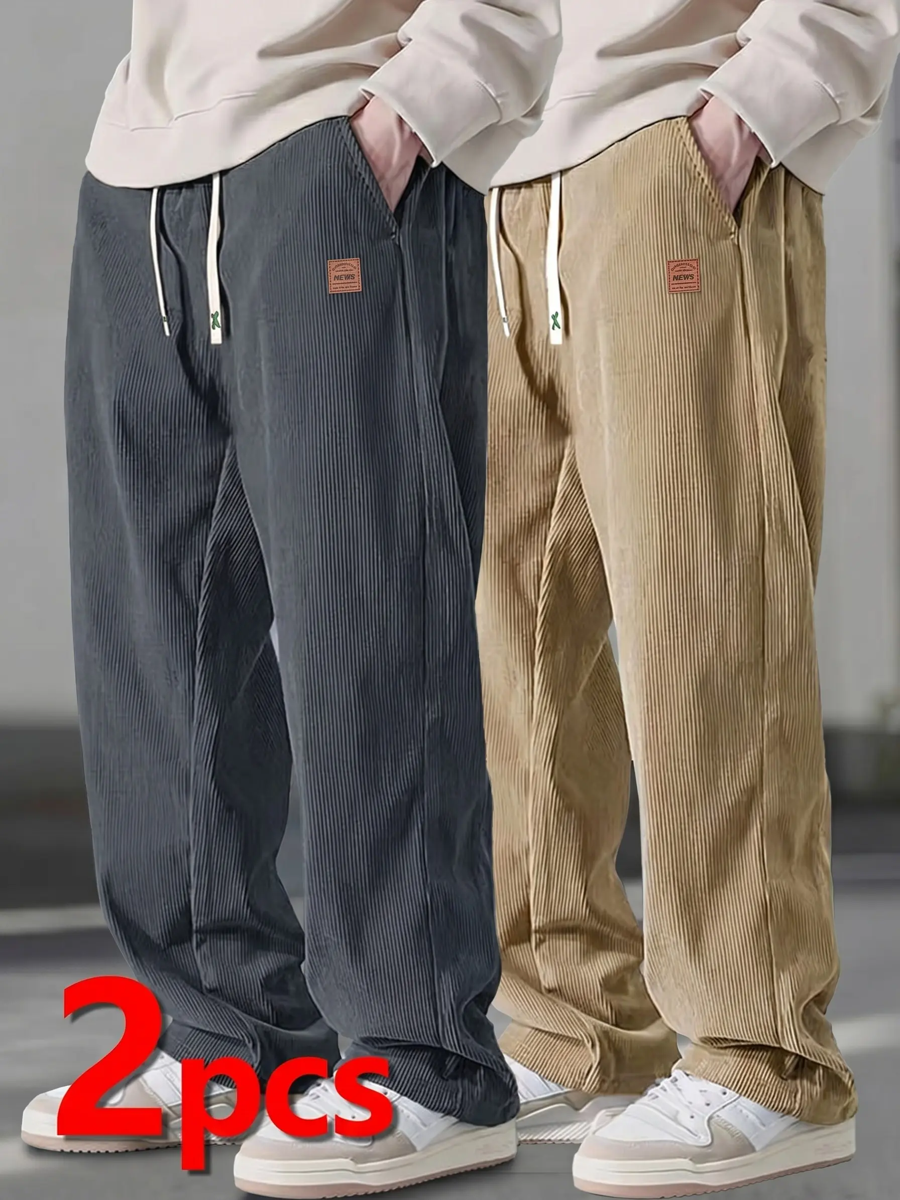 Menswear 2-Pack Plain Corduroy Pants - 2pcs-gray + khaki, Casual Baggy Elastic Waist Wide Leg Trousers, Machine Washable, Soft for Everyday Wear