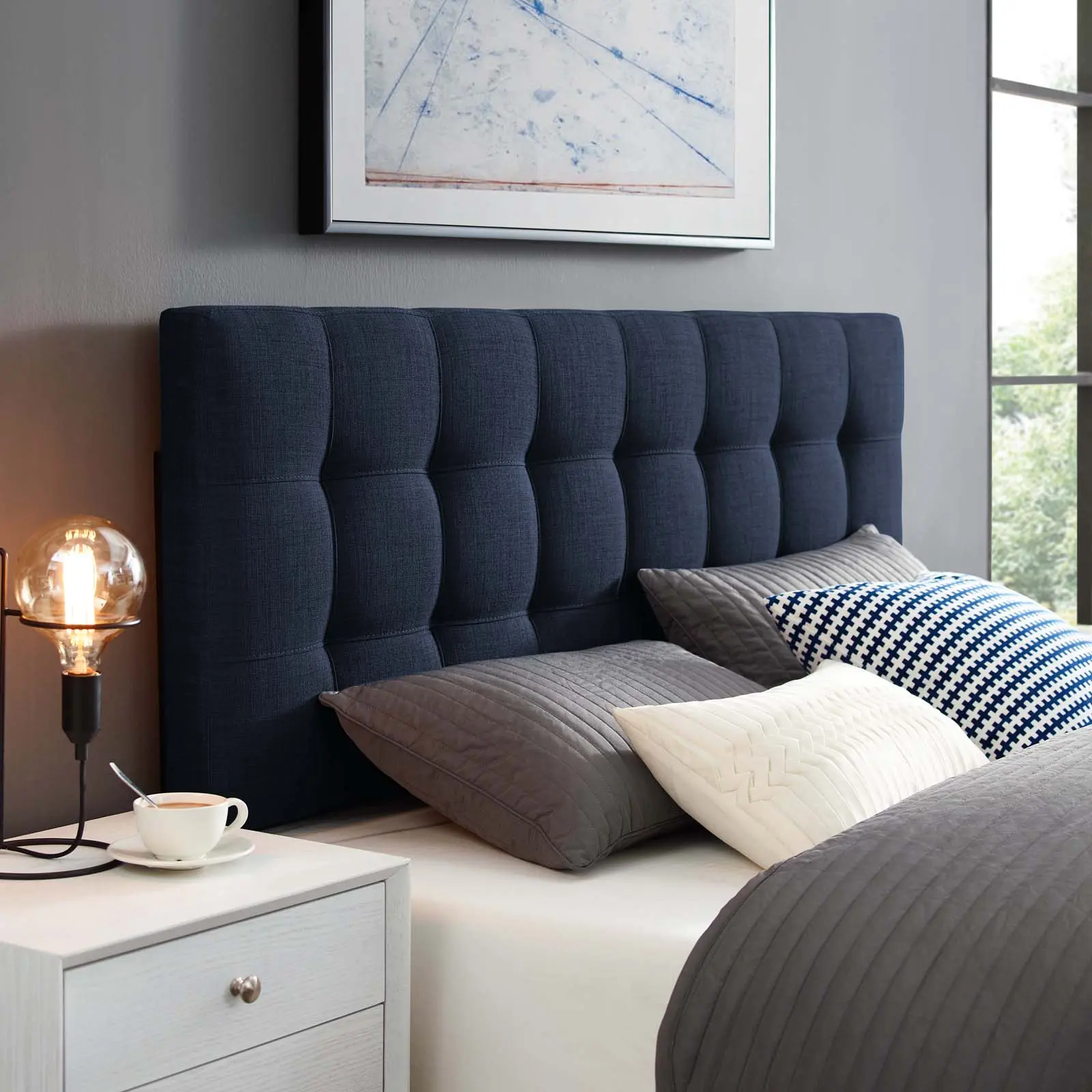 Modway Lily Queen Upholstered Headboard - Soft Linen Fabric, Navy, Plywood-Fiberboard Build, Lightweight and Long-Lasting, for Modern Bedroom Contemporary Decor, Indoor Use