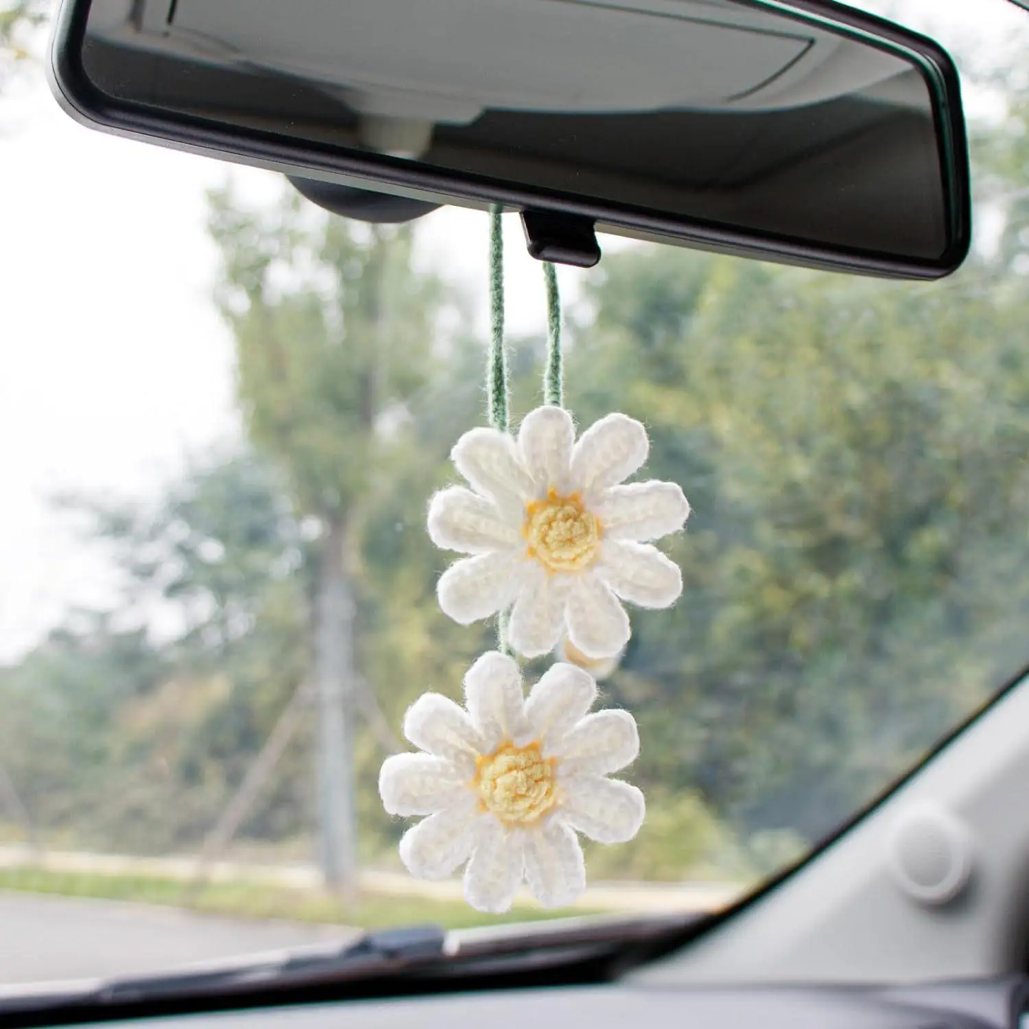 Cute Crochet Flower Car Mirror Ornament, Hanging Car Interior Decoration, Car Rear View Mirror Crochet Pendant for Women & Girls, Car Decor for Girls,