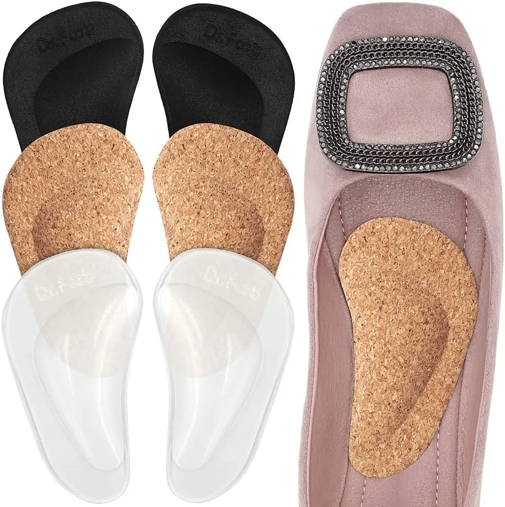 Arch Support Shoe Insoles for Flat Feet, Gel Arch Inserts for Plantar Fasciitis, Adhesive Arch Pad for Relieve Pressure and Feet Pain- 3 Pairs (Cork+Transparent+Black, 3 Count (Pack of 1))