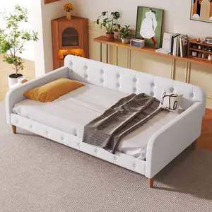 Twin Size Upholstered Dayed with 4 Support Legs, Velvet  Multifunction Solid Wood Bed Frame,W/Backrest and Armrests,No Box Spring Needed,for Living Room Dormitory Apartment,White