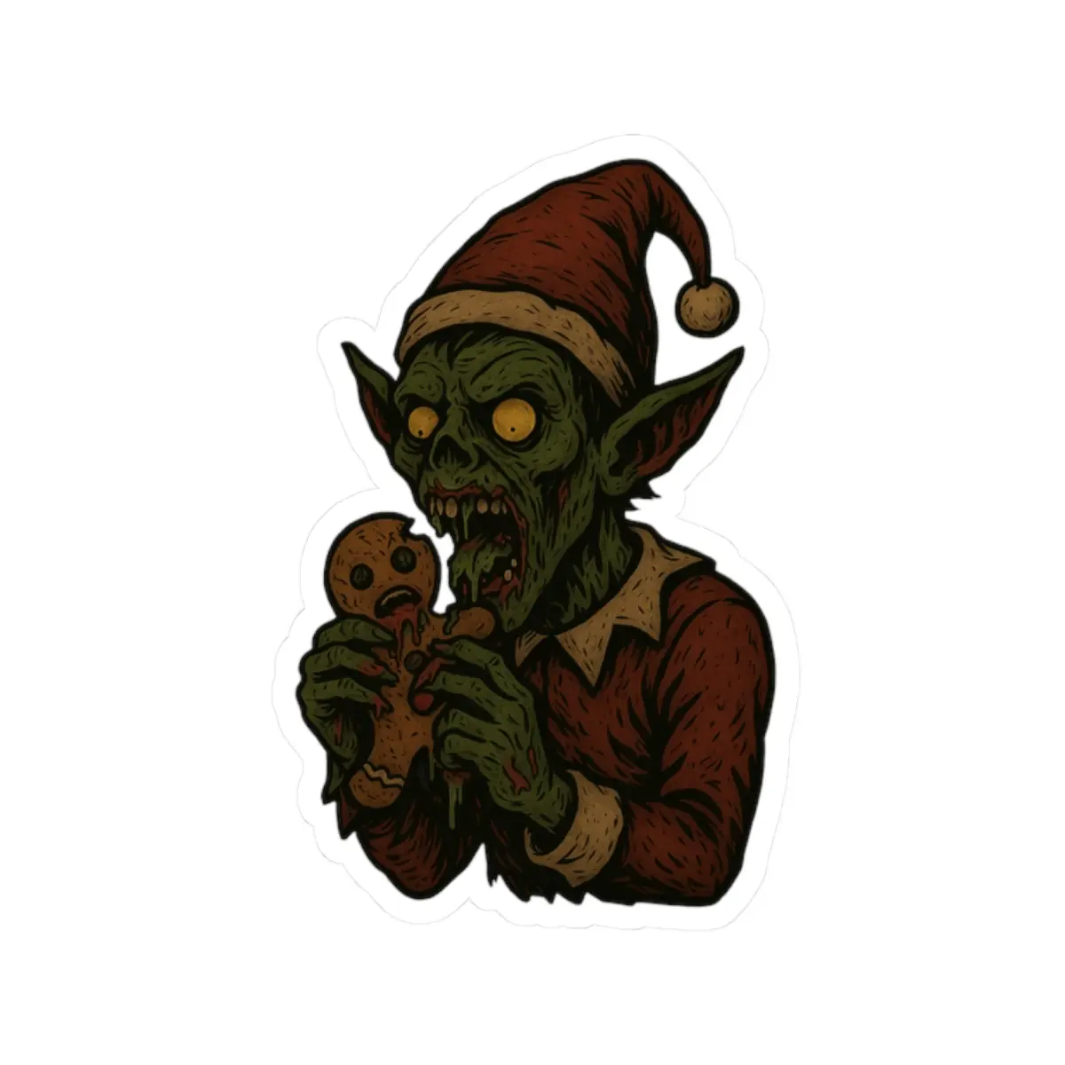 Spooky Holiday Kiss-Cut Stickers Zombie munching on Gingerbread Man - Gothic Decor, Laptop Stickers, Halloween Gifts, Creepy Xmas, Witchy Art