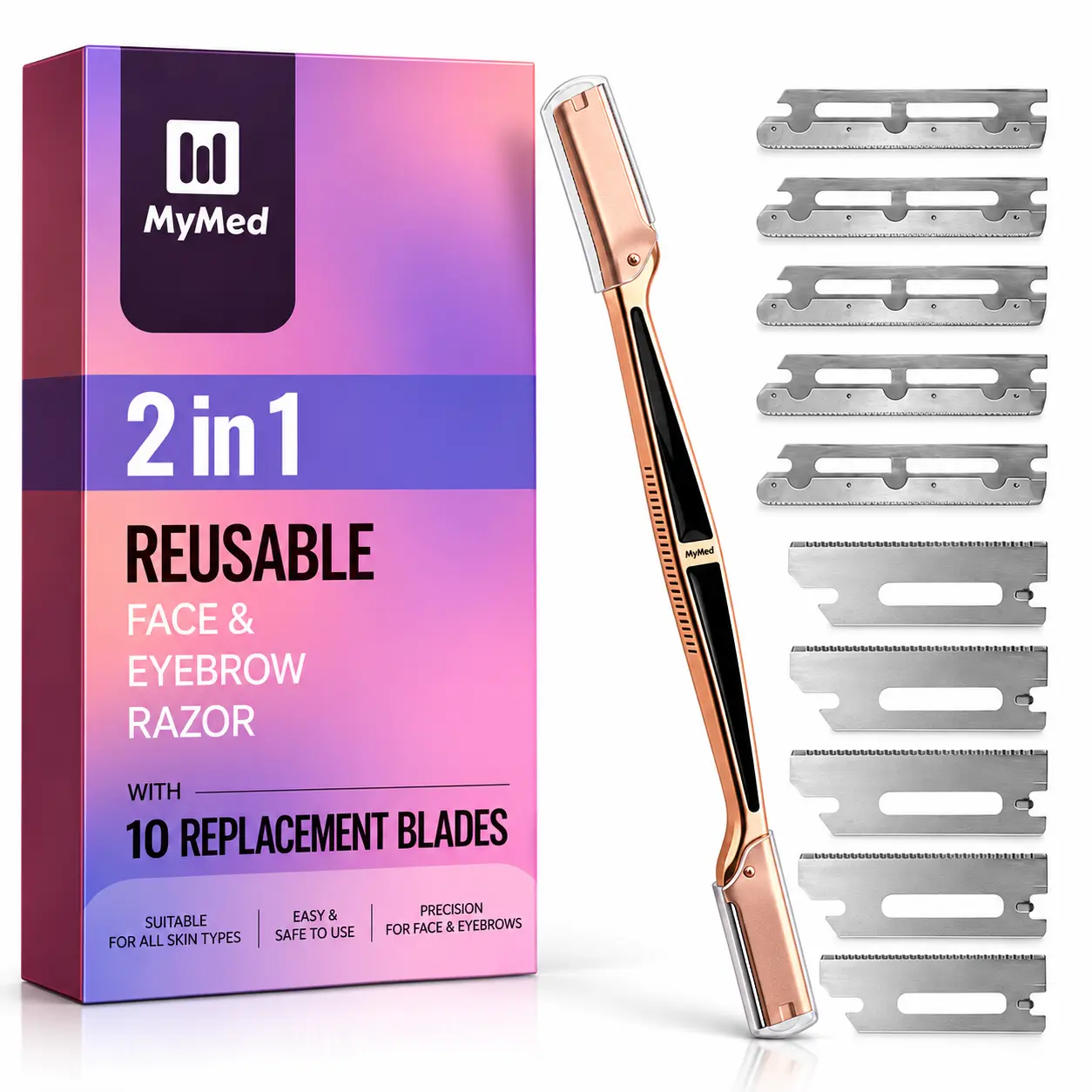 MyMed Dermaplane Razor for Women / Rasuradora Facial para Mujer, 2-in-1 Face and Eyebrow Shaver with Reusable Handle and 10 Refills