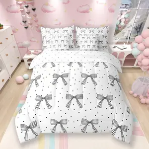 7 Pieces Cute Bowknot Girlish Comforter,Cartoon Bow-tie Princess Bedding Set,Geometric Dots Zebra Stripes Black White Simple（Comforter+Fitted+Flat Sheet+2 Pillowcases+2 Throw Pillow Covers）