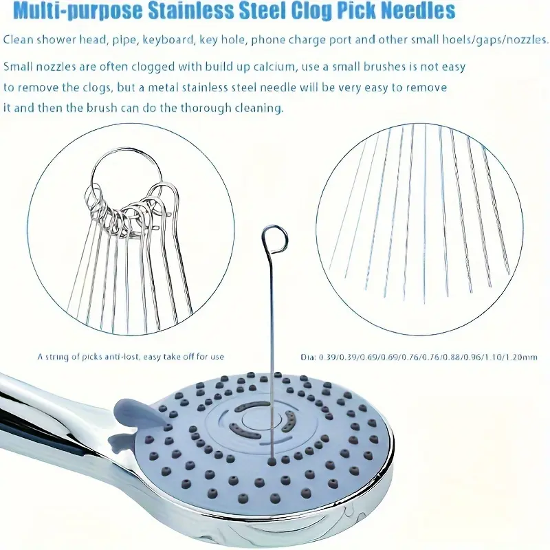10-Piece Silvery Stainless Steel Clog Pick Needle & Shower Head Cleaning Brush Set - Multi-Size Fit, Removable, Easy to Maintain, Clog-Removing Bathroom Home Accessory Tool, Clog Pick Needles, Removes Clogs