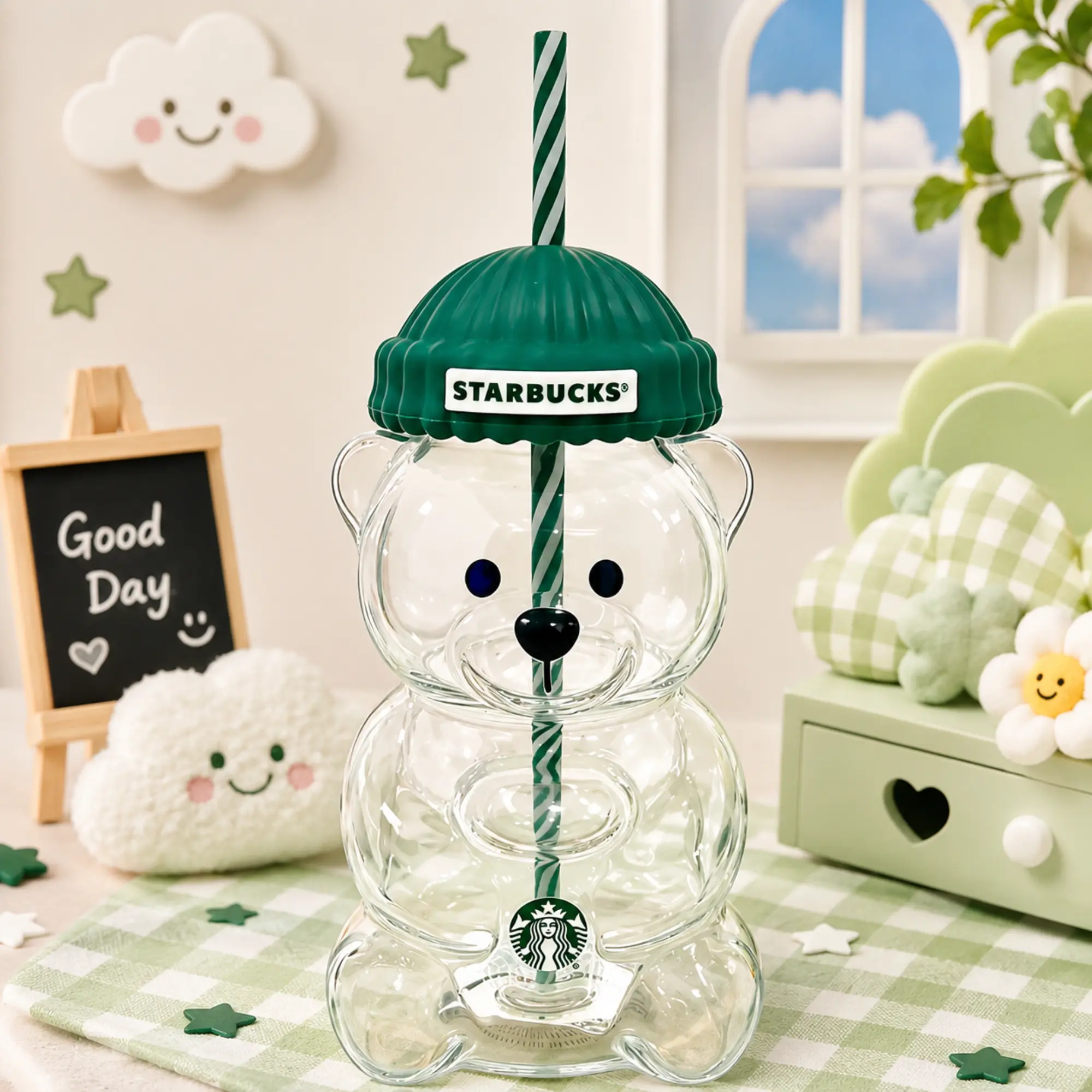 New Limited Edition Starbucks Glass Bear Cup 20oz, Cute Bear Shaped Clear Glass Mug, Collectible & Reusable Drinkware for Daily Use