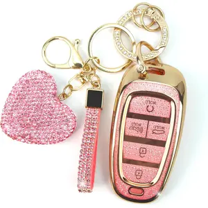 New Upgrade Key Fob Cover with Diamond Keychain Fit for Hyundai Car Key Holder Case Compatible with Hyundai 2023 2022 2021 2020 Sonata Santa Fe Tucson Smart Remote Key Protector, 5 Buttons (Pink-Heart)