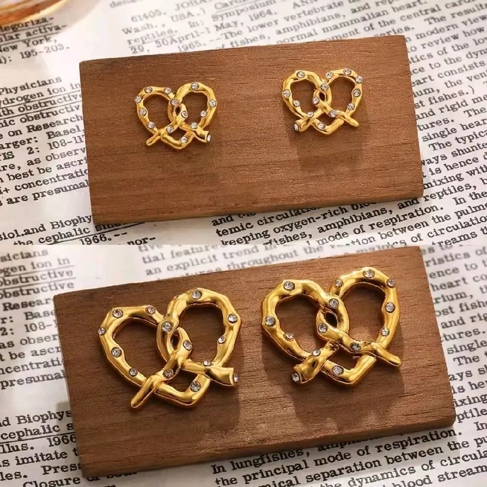 Fashion Statement Pretzel Heart Rhinestone Earrings for Women - Gold Plated Heart-Shaped Jewelry Gift