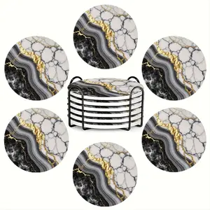 6PC round ceramic coasters with marble and gold pattern theme, high temperature resistant and non-slip, exquisite home and dining room decorations, suitable for sideboards, home decor and parties, perfect restaurant gift ideas, housewarming gift