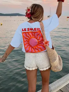 Women's Sun Graphic Print T-Shirt, Fuchsia Retro Bohemian Style Top, Beachy Summer Short Sleeve Tee, Suitable For Vacation And Daily Streetwear