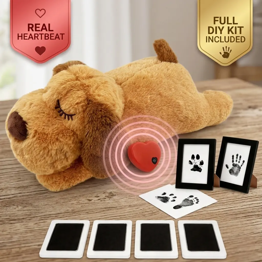 New Puppy Homecoming Kit - Chewproof Plush Toys, Rawhide-Free Plush Dog Toy with Calming Heartbeat, 4 No-Wash Paw Print Ink Pads, 2 Wooden Frames for Puppy Anxiety Relief & First Memories, Rawhide-Free Plush Toys