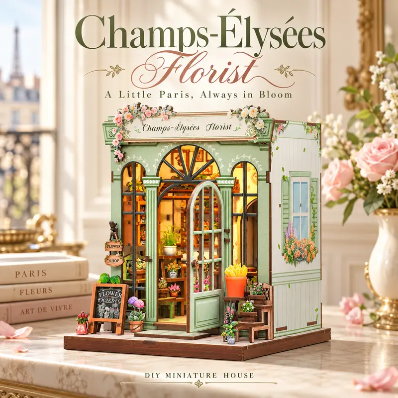CuteBee Champs-Élysées Florist DIY Miniature House Kit with LED Light, 199-Piece Wooden Flower Shop Model, Craft Gift for Adults & Teens 14+
