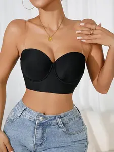 2 Pack Soft Breathable Clear Strap Bra, Low Back Push Up Bustier, Seamless Comfort for All Day Wear Fit Fabric