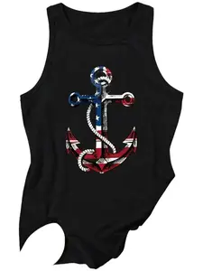 USA Flag Anchor Nautical Patriotic Sleeveless Tank Top Polyester Blend Dark Gray | 4th of July Marine Casual Vest, Independence Day Nautical Holiday Gift for Women