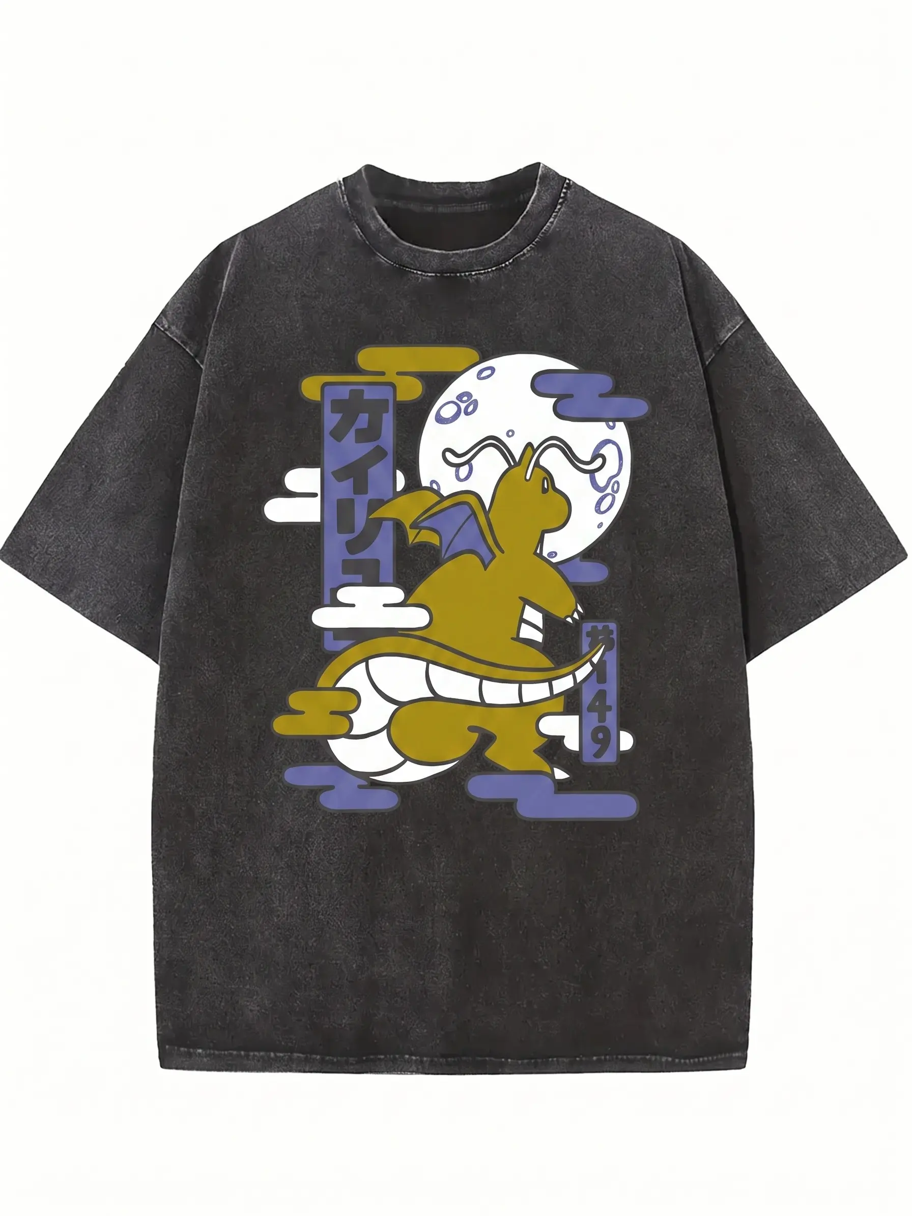 Vintage Ukiyo-e Dragon Graphic T-Shirt, Unisex Soft Washed Cotton Top with Round Neck, Retro Loose-Fit Streetwear, Tshirt, Crew Neck