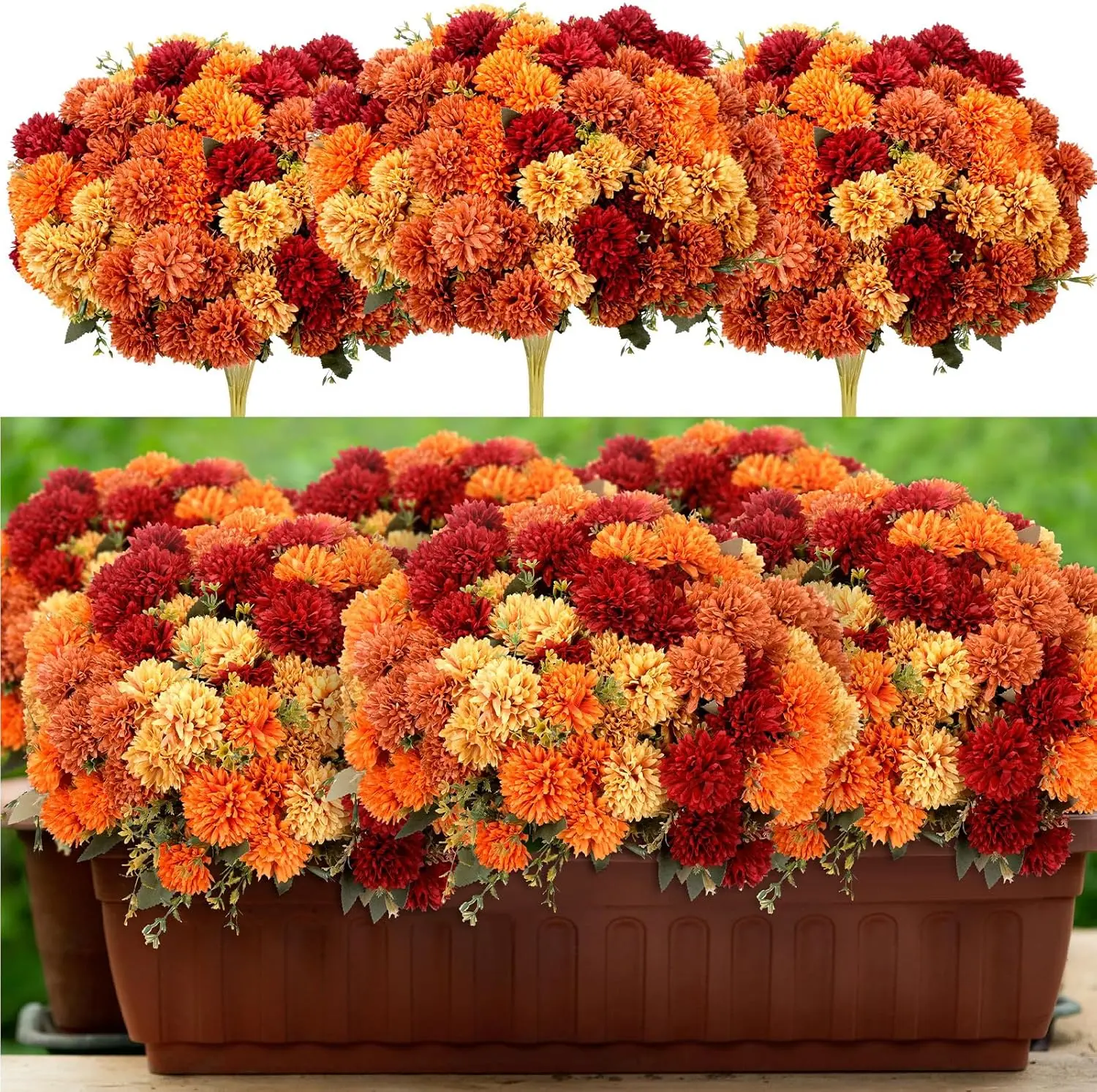 12 Pcs Fall Artificial Flowers for Faux Mums,Burnt Orange| Fake Silk Mums Flowers,Chrysanthemums Bouquet Fall Marigold for Vase Floral Arrangement Wedding Autumn Home Decor