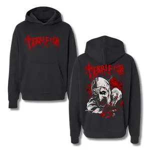 Terrifier Hoodie – Pullover Featuring Red Dripping Logo and Horror Clown Graphic Artwork, Perfect for Halloween and Horror Movie Fans, 2 Sides.