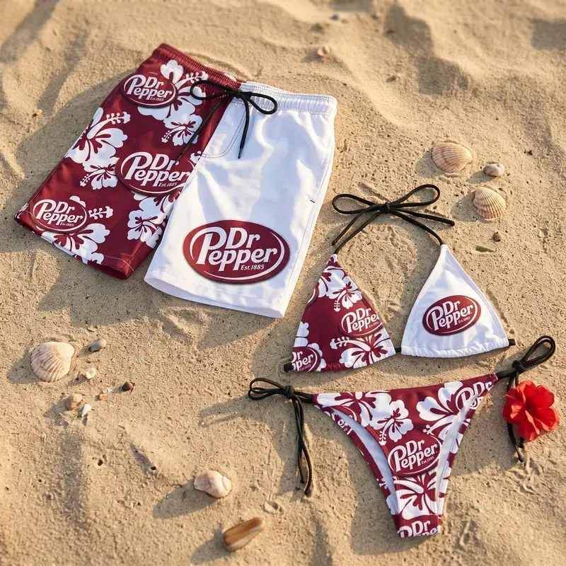 Dr Pepper Couples Swimwear Set – Triangle Bikini & Men’s Beach Shorts, Summer Vacation Outfit, Hawaiian Style Swimwear, Comfortable Beach & Pool Party Set for Him & Her