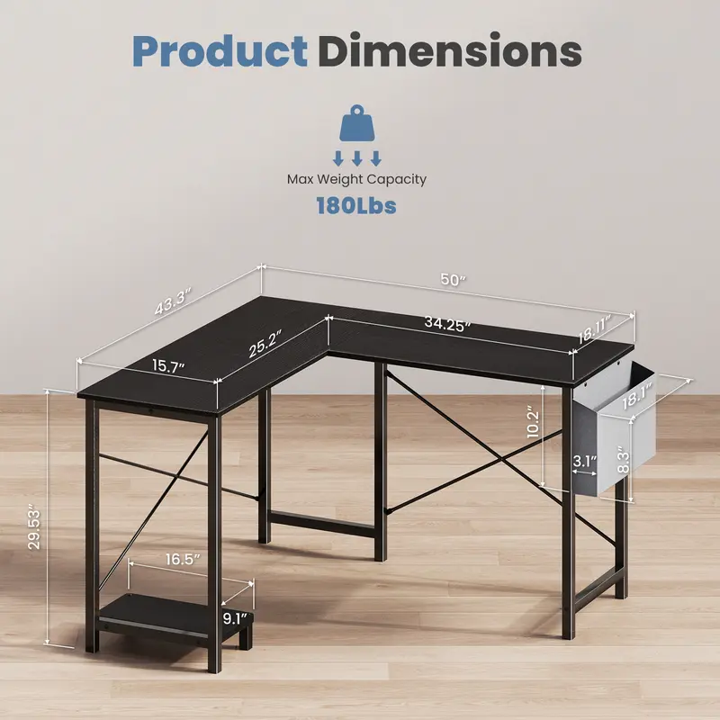 CornerCraft L-shaped desk product dimensions and weight capacity