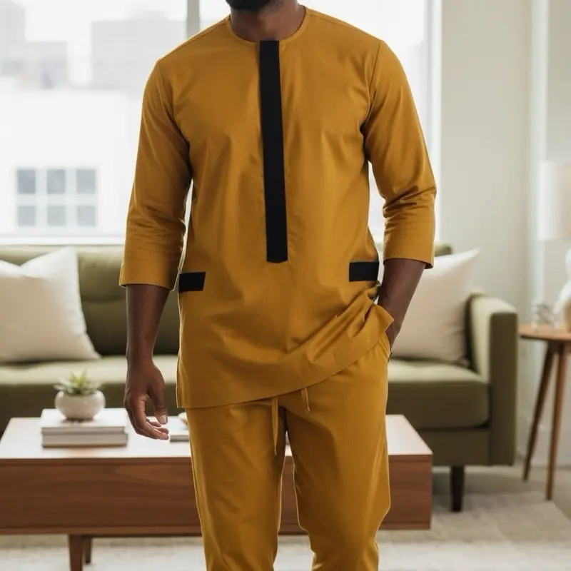 Exquisite 2-Piece Men's Native Wear - Yellow with Black Accents Traditional Style